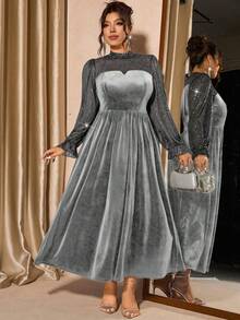 Cravure 大码女式网纱天鹅绒优雅泡泡袖连衣裙，收腰设计，适合派对穿着 - 深灰色 - 查看 4