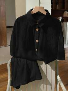 Muchica 黑色編織女性單排釦長袖上衣和短褲休閒套裝