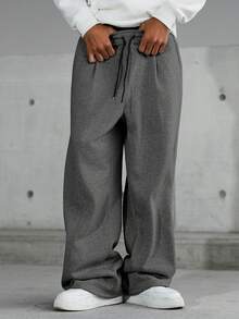 Manfinity EMRG Men's Solid Color Drawstring Waist Pleated Wide Leg Loose Casual Sweatpants Men Grey Flared Oversized Pants Bottom For - Dark Grey - View 4