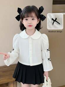 Genkimix Kids 1件 女童休闲蝴蝶结装饰泡泡袖衬衫 彼得潘领 - 白色 - 查看 1