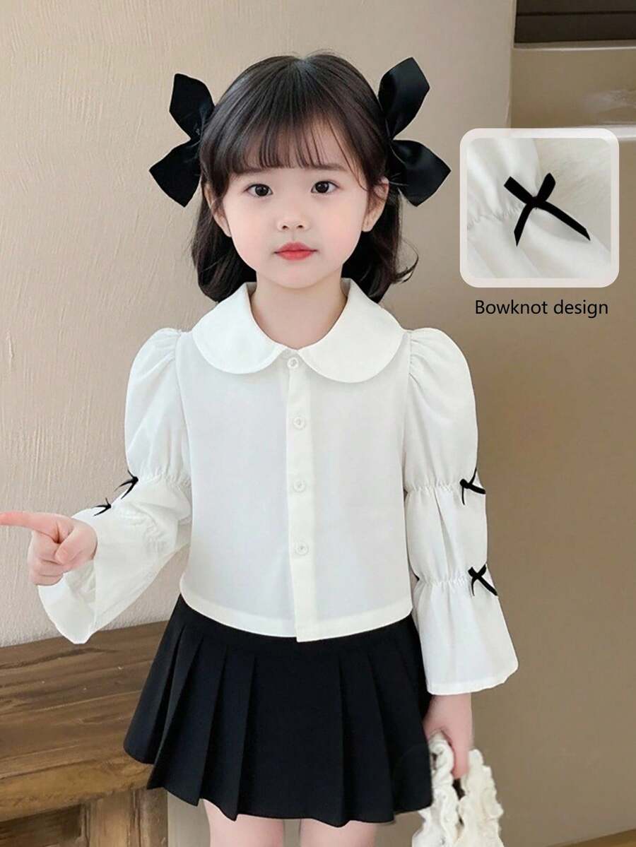 Genkimix Kids 1件 女童休闲蝴蝶结装饰泡泡袖衬衫 彼得潘领 - 白色 - 查看 1