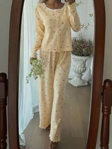 SHEIN 两件套蝴蝶结蕾丝装饰圆领上衣和裤子睡衣套装，冬季服装 - 黃色 - 查看 4