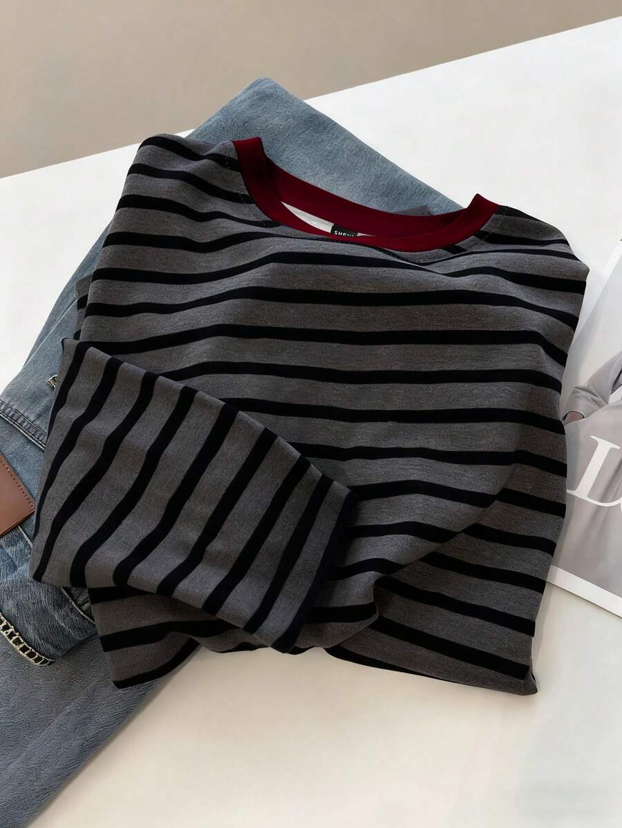 INAWLY 女士条纹印花圆领休闲百搭长袖上衣 - 黑色 - 查看 1