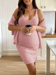 SHEIN Conjunto de vestido de punto de unicolor casual de maternidad, otoño/invierno - Rosa vieja - Ver 4