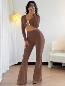 SHEIN ChicEase 性感女士黑色高弹力连体裤，正面和中间饰有金属装饰扣，休闲欧美风格 - 紫紅色 - 查看 3