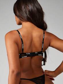 Missguided x Playboy Lace Bralette With Contrast Logo Straps Sheer Mesh Cups Bustier Top For Holiday Party Celebration Winter Intimate Lingerie - Black - View 2