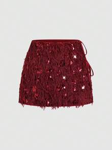 Sweetra تنورة على شكل حرف A مزينة بالترتر البرغندي والفرو الصناعي، ملابس حفلات عصرية للنساء - عنابي اللون - مشاهدة 2