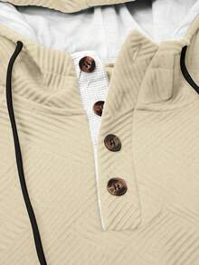 Manfinity Homme Men's Casual Commuter Textured Fabric Patch Long Sleeve Half-Button Drawstring Hooded Sweatshirt, Spring/Autumn - Khaki - View 5