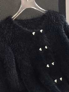 Franclia Precision Love Double Row Hollow Fuzzy Women's Crew Neck Cardigan TL-57 - Black - View 3