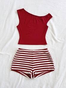 Soleia Bộ đồ nghỉ mát xuân/hè 2 món cho nữ: Áo crop top lệch vai dệt kim sọc đỏ trắng và quần short ôm sát cạp siêu thấp, thích hợp cho tiệc tùng, Giáng sinh, Ngày lễ tình nhân, hẹn hò, bãi biển, du thuyền, lễ hội hóa trang, lễ Phục sinh, Tết Nguyên đán - Màu Khaki - Xem 6