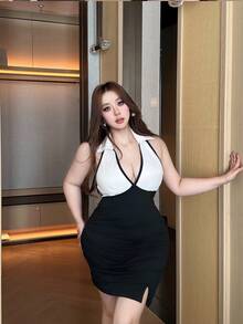 Vibekara Women's Halter Backless Mesh Patchwork Slit Sexy Mini Skirt