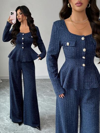 SHEIN Elenzya 秋冬新款粗花呢银线两件套，法式浪漫优雅淑女设计开叉领收腰荷叶边下摆长袖开衫+高腰直筒裤套装，适合独立日