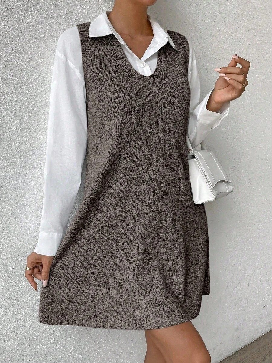 Ritzy Row Women's Solid Color V-Neck Casual Loose Sleeveless Knit Dress - Coffee Brown - View 1