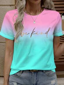 EMERY ROSE Plus Size Women's Summer Short Sleeve Letter Print Ombre Color Casual T-Shirt - Multicolor - View 1