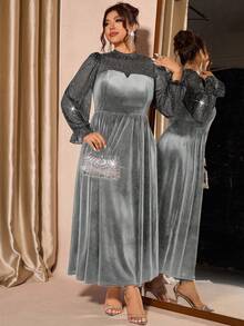 Cravure 大码女式网纱天鹅绒优雅泡泡袖连衣裙，收腰设计，适合派对穿着 - 深灰色 - 查看 6