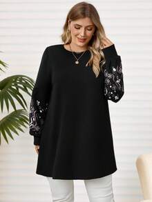 Rosumi 大码女式宽松圆领刺绣袖口T恤，感恩节女士T恤，黑色刺绣T恤，秋冬款，2025新款 - 黑色 - 查看 3