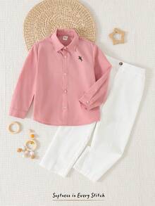 Cozy Pixies Conjunto de 2 piezas de chaqueta de punto con cuello y estampado de caballo de dibujos animados y pantalones de cintura elástica para niño pequeño - Rosa vieja - Ver 7
