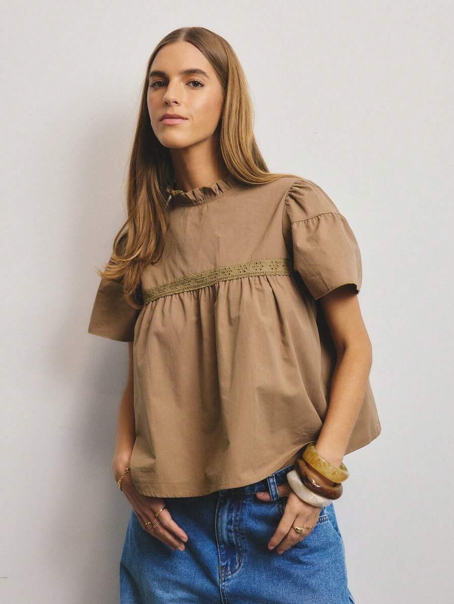 Aralina Damen Lässig Urlaubsstil einfarbige Rüschen Stehkragen Puffärmel Loose Bluse, Sommer