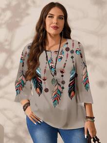 EMERY ROSE Camisa feminina plus size casual com estampa total, gola redonda e mangas 3/4. - Caqui - Ver 7