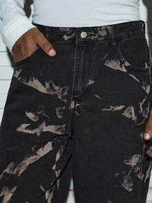 Modcrash 1pc Men Retro American High Street Zebra Striped Washed Wide Leg Jeans, Comfortable Casual Loose Denim Pants, Grunge