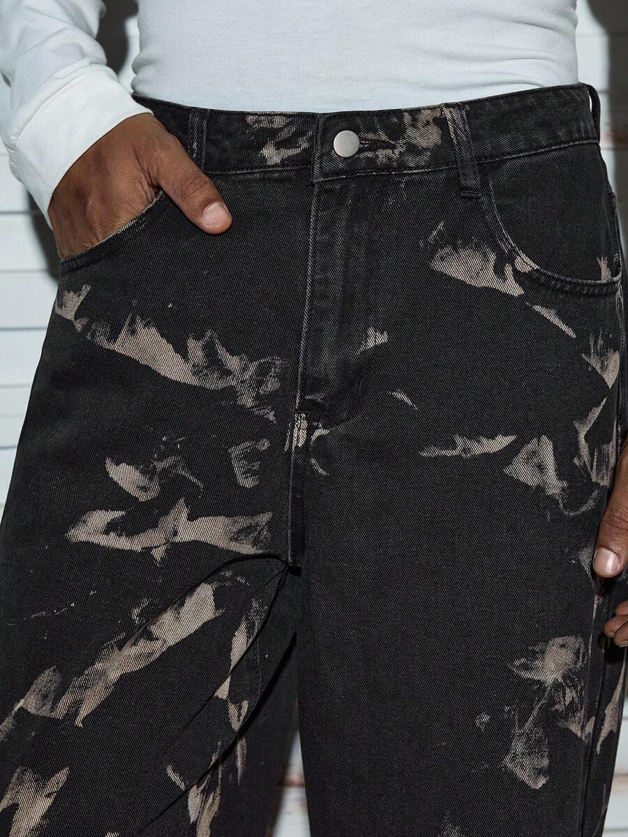 Modcrash 1pc Men Retro American High Street Zebra Striped Washed Wide Leg Jeans, Comfortable Casual Loose Denim Pants, Grunge