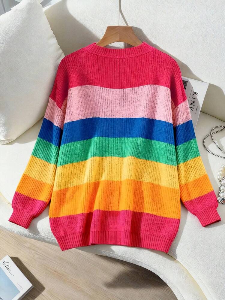 Button Front Drop Shoulder Rainbow Stripe Cardigan,Ladies Spring/Fall Casual Button Drop Shoulder V Neck Oversized Multicolor Rainbow Stripe Women Cardigans,Casual Daily Wear,Long Sleeve Tops