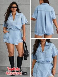 SHEIN ICON Áo khoác denim màu trơn cỡ lớn, thời trang cho mùa hè - Rửa nhẹ - Xem 1