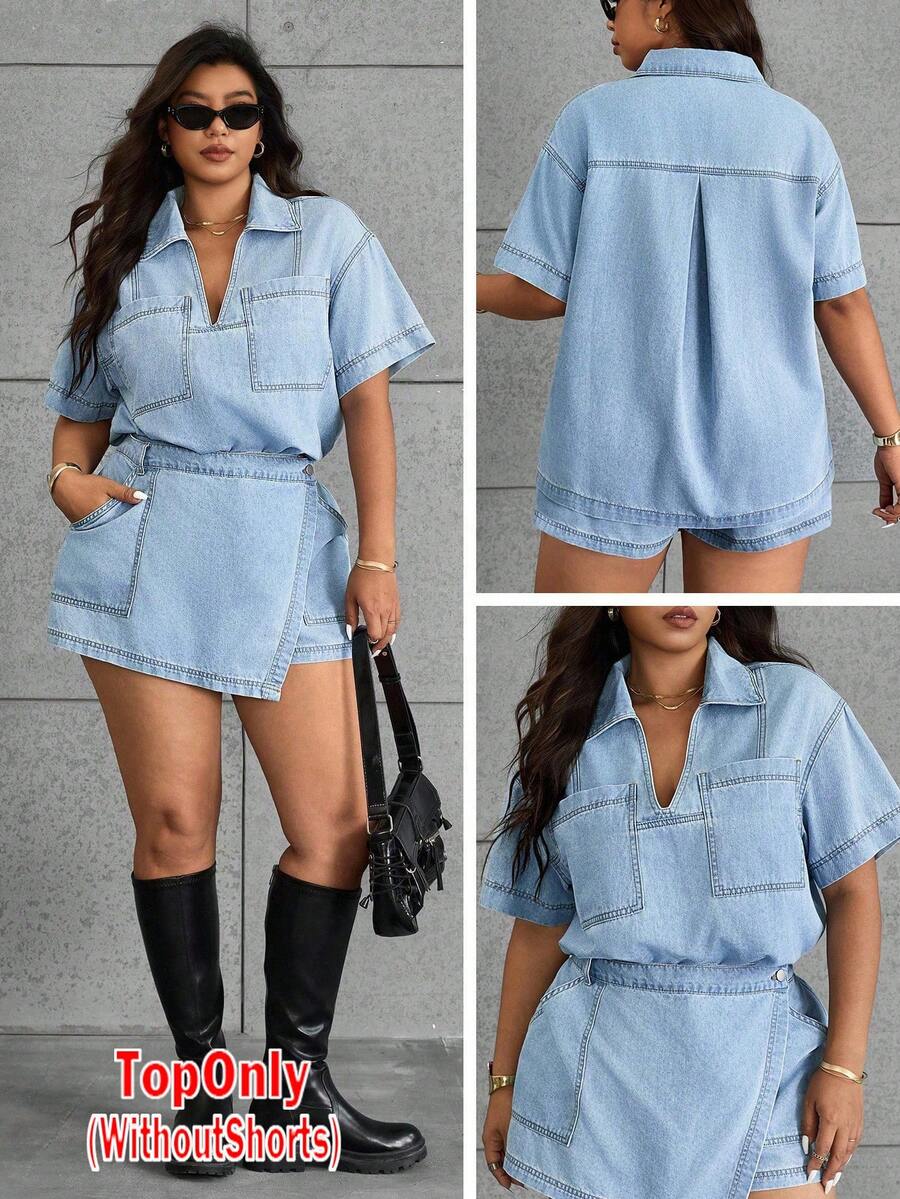 SHEIN ICON Áo khoác denim màu trơn cỡ lớn, thời trang cho mùa hè - Rửa nhẹ - Xem 1