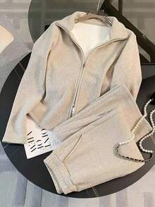 SHEIN PETITE 2025 Autumn/Winter New Casual Sports Suit For Women, Fashionable Slimming Simple Fleece Zip-Up Hoodie And Wide Leg Pants 2 Pieces Set Jacket Y2k Y2k Clothing Hoodies Y2k Y2k Shirts  Y2k Track Suit Y2k 2 Piece Set