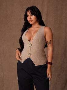 Rustia Canotta in maglia con bottoni metallici a conchiglia, taglie comode - Cachi - Visualizzare 4