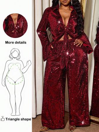 Truni Plus Size Women's 2 Pieces Sequins Twist Design Flare Sleeve Set, Suitable For Party Occasions Sequin Pantsuit Sparkly Two Pieces Set Glitter Outfit Women Red Two Pieces Set Sequin Two Pieces Set, For Pear Triangle Body Shape/2026 /New Year