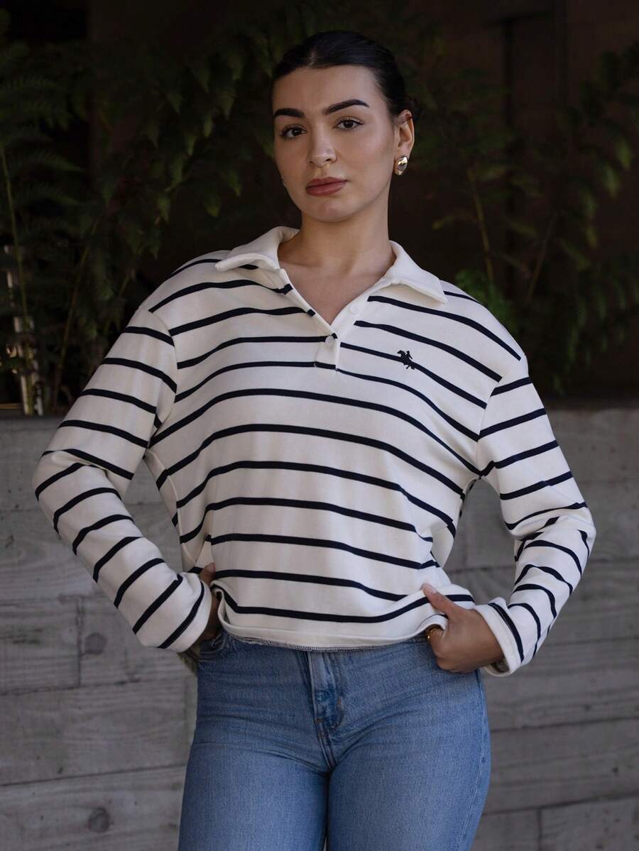 Andrea Bello 条纹休闲宽松日常百搭长袖女式T恤 - 黑與白 - 查看 1