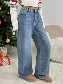 SHEIN PETITE Women's Pocket Loose Wide Leg Casual Versatile Denim Pants - Medium Wash - View 5