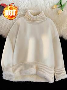 GlowEve 秋冬新款毛绒里衬翻领长袖柔软舒适休闲时尚优雅百搭女士毛衣 - 杏色 - 查看 1