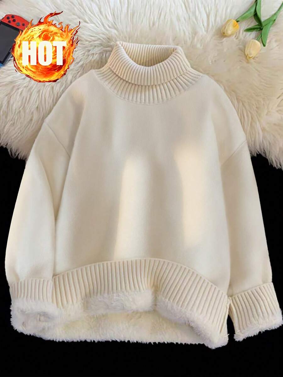 GlowEve 秋冬新款毛绒里衬翻领长袖柔软舒适休闲时尚优雅百搭女士毛衣 - 杏色 - 查看 1