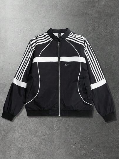 Street Life Veste de sport décontractée à rayures et imprimé anglais, convient pour l'automne/l'hiver, unisexe