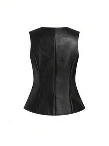 Ellevyn 大码纯色背心和裤子两件套，通勤风格 - 黑色 - 查看 3