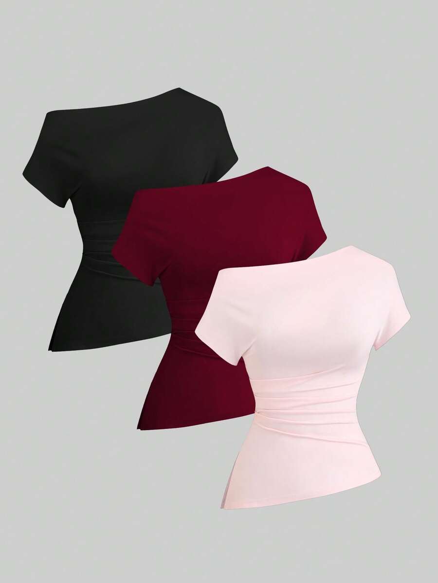 Sweetra Women's Casual Asymmetrical Shoulder T-Shirt - Multicolor - View 1