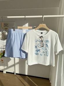 Comfortcana Plus Size Women's Starfish Print Short Sleeve T-Shirt And Striped Shorts Set, Summer,2 Pieces Summer OutfitSummer Outfits For Women 2 Pieces Sets Woman - Blue and White - View 4