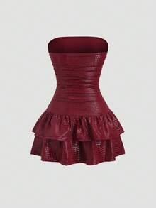 Sweetra Nuevo vestido mini de mujer de invierno burdeos con estampado de cocodrilo en PU elástico, adecuado para ir al trabajo, uso casual, sexy en la calle, fiestas, discotecas, con dobladillo de falda de pastel, sin tirantes y con pliegues en la cintura - Burdeos - Ver 2