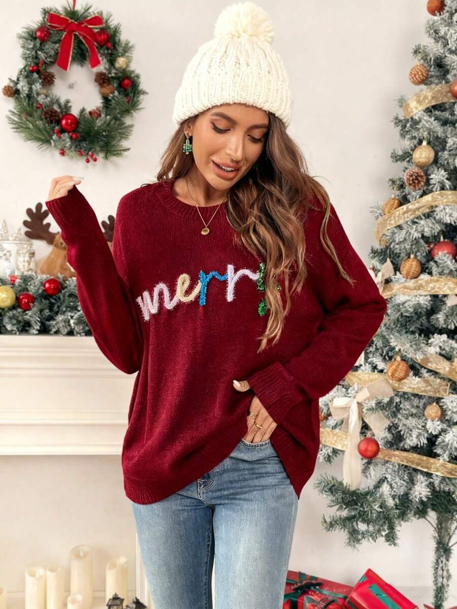 EMERY ROSE Letter Appliques Crew Neck Long Sleeve Sweater For New Year Clothes - Burgundy - View 1