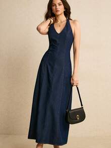 Poéselle 女士性感休闲露背吊带牛仔连衣裙，夏季 - 深色水洗藍 - 查看 4