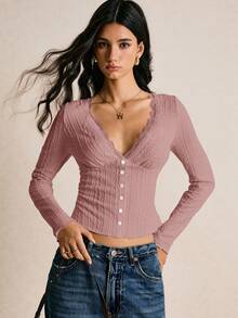 Poéselle Women's Textured Contrast Lace V-Neck Long Sleeve Button Design Fitted T-Shirt - Dusty Pink - View 7