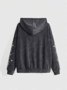 ROMWE EDITION Y3K Punk Symbol Studded Washed Open Front Sweatshirt - Black - View 2