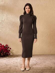 Teen Girls' Solid Color Knit Ribbed Long Sleeve Dress - Coffee Brown - View 3