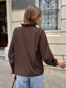 SHEIN Frenchy Women's Solid Color Long Sleeve Frill Trim Single-Breasted Casual Shirt,Lace Patchwork Shirt,French Retro-Style Pleated Long-Sleeved Shirt For Women,Chocolate Brown Top,Coffee-Colored Elegant Niche Top,Casual Versatile Slimming And Artistic Style,Spring Outfit Women,Spring Clothing ,Spring Break Outfits - Brown - View 2