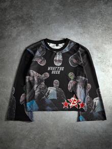 Manfinity EMRG Manfinity Streetrush Men's Street Style Long Sleeve T-Shirt With Digital Printing Of Angel Blowing Bubble Gum Pattern, Cropped Graphic T-Shirt, Graphic Crop Tops Men, Oversized Crop Printed, Crop Top Graphic Tee, Goth Shirt, 2000s Style, For Fall - Black - View 4