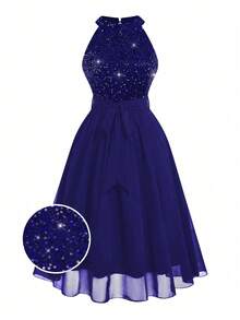 DreamSkyne Đầm Maxi Không Tay Đính Kim Sa Lấp Lánh Sang Trọng Cho Nữ Cỡ Lớn - Xanh đậm - Xem 4