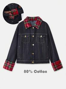 Maija American Retro Red Plaid Patchwork Denim Jacket, Loose Fit, Versatile Casual Jacket, Winter Thermal Lined Coat, Christmas. - Dark Wash - View 3