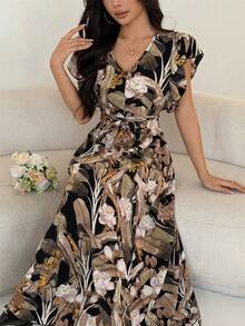 Mulvari Ruffle Cuff Allover Floral Belted Dress Maxi Women Outfit - Multicolor - View 1